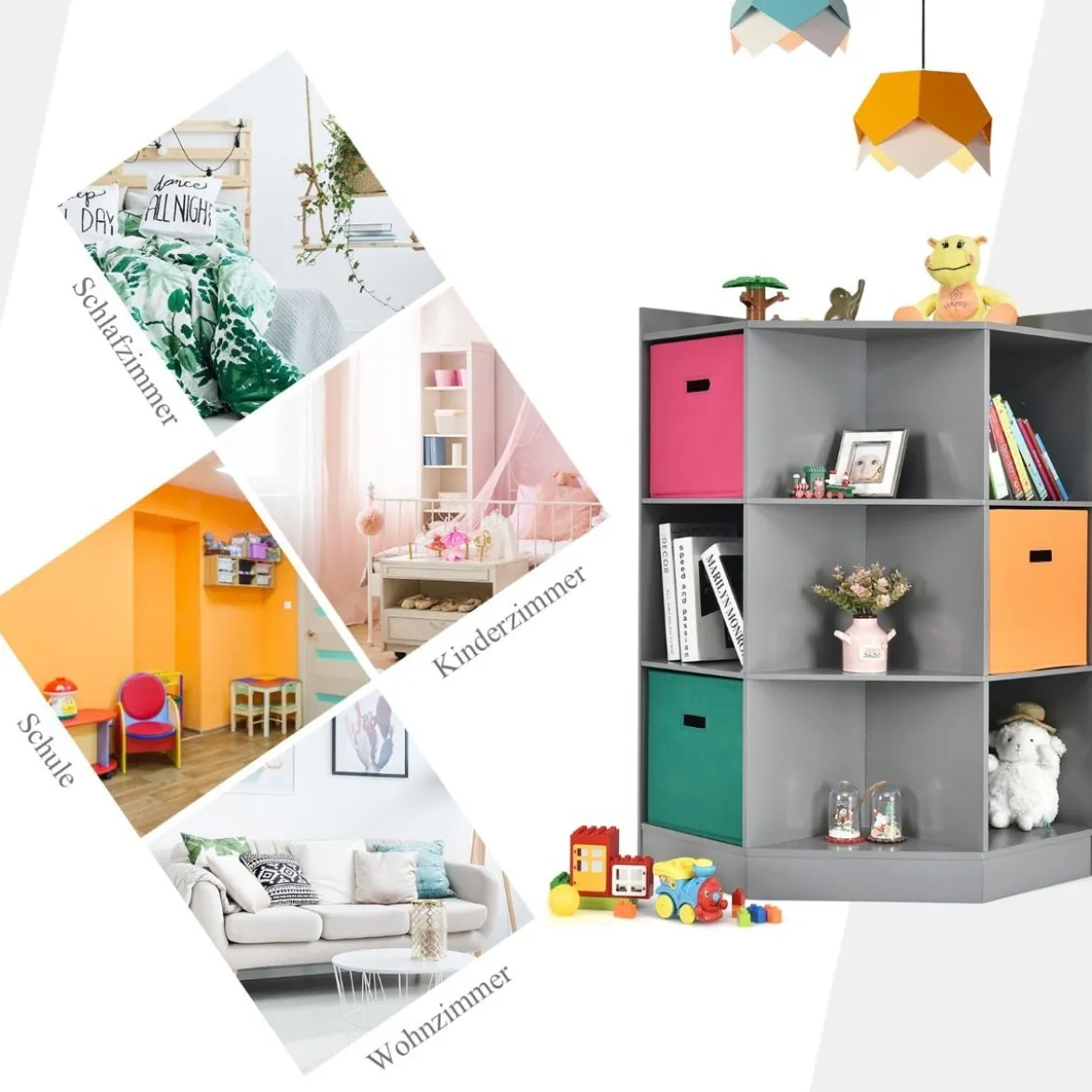 3-Stöckiges Kinderregal mit 6 Offenen Regalen & 3 Farbigen Körben 81 x 61 x 94 cm Grau