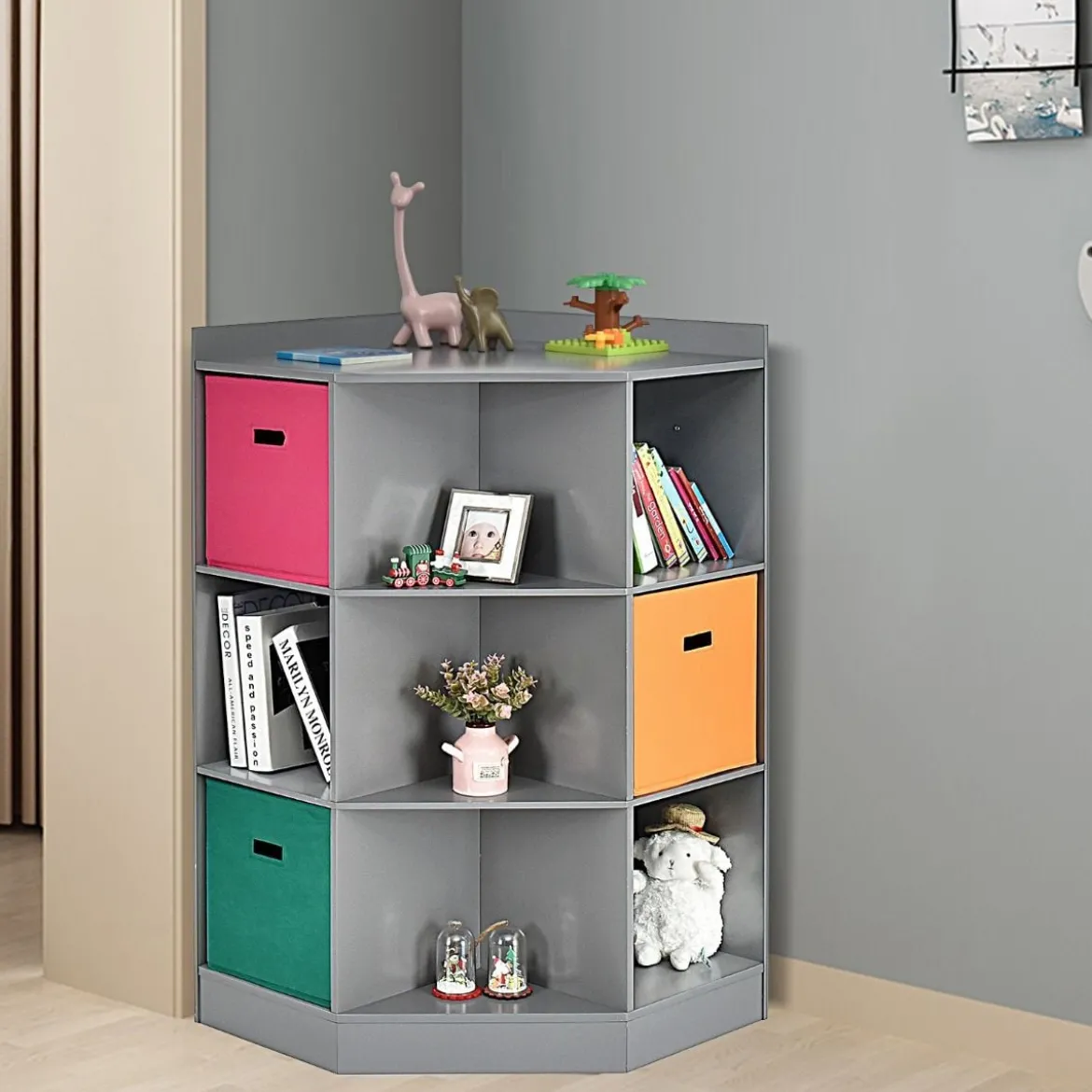 3-Stöckiges Kinderregal mit 6 Offenen Regalen & 3 Farbigen Körben 81 x 61 x 94 cm Grau