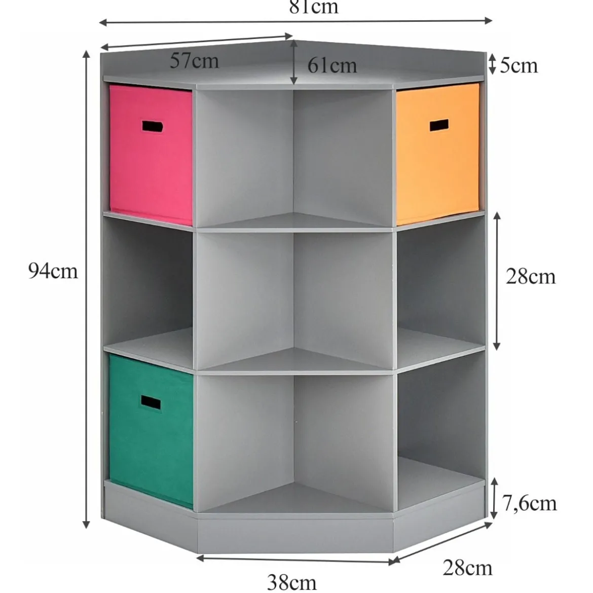 3-Stöckiges Kinderregal mit 6 Offenen Regalen & 3 Farbigen Körben 81 x 61 x 94 cm Grau