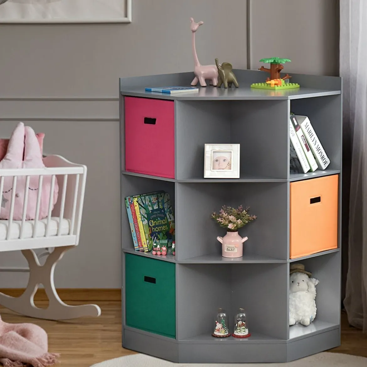 3-Stöckiges Kinderregal mit 6 Offenen Regalen & 3 Farbigen Körben 81 x 61 x 94 cm Grau