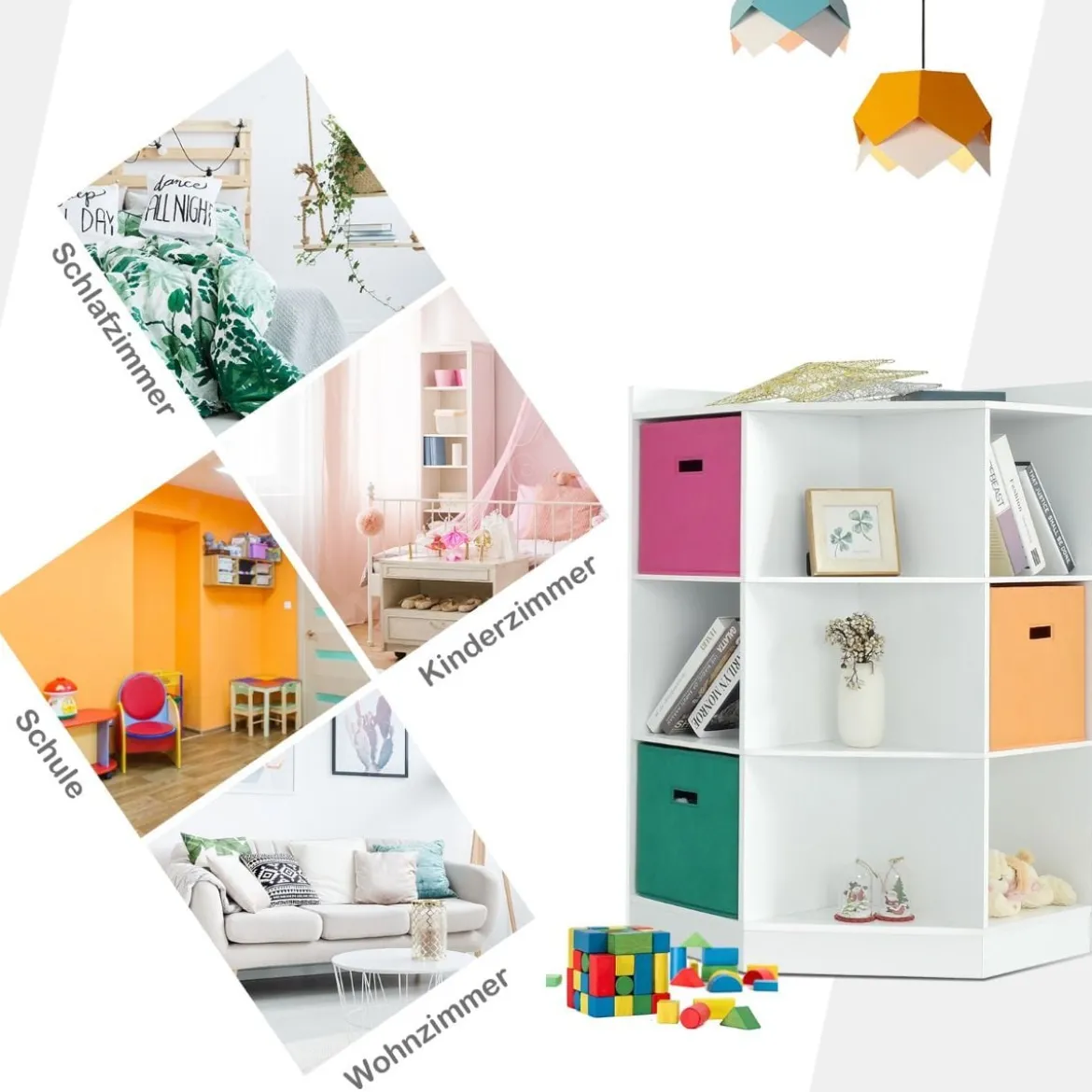 3-Stöckiges Kinderregal mit 6 Offenen Regalen & 3 Farbigen Körben 81 x 61 x 94 cm Weiß
