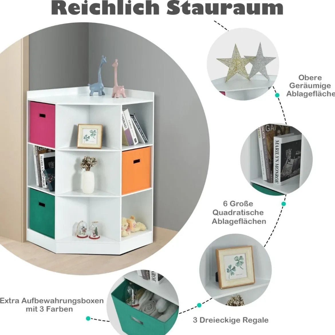 3-Stöckiges Kinderregal mit 6 Offenen Regalen & 3 Farbigen Körben 81 x 61 x 94 cm Weiß