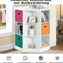3-Stöckiges Kinderregal mit 6 Offenen Regalen & 3 Farbigen Körben 81 x 61 x 94 cm Weiß