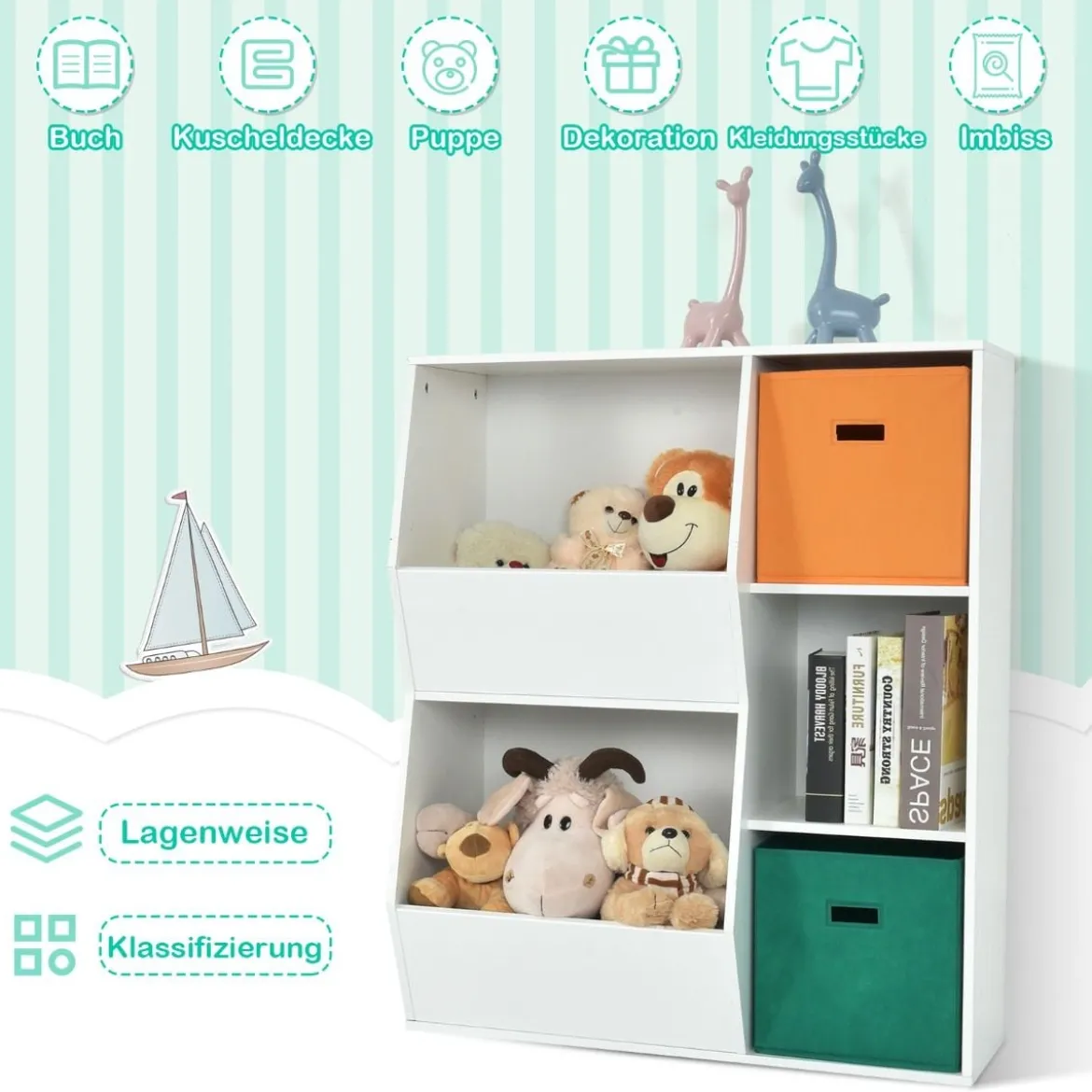 3-stöckiges Kinderregal mit 2 Zusätzlichen Körben Modernes Eckregal 76 x 28 x 94 cm Weiß