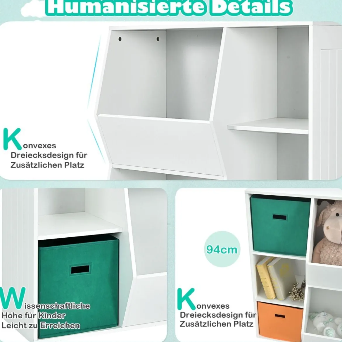 3-stöckiges Kinderregal mit 2 Zusätzlichen Körben Modernes Eckregal 76 x 28 x 94 cm Weiß