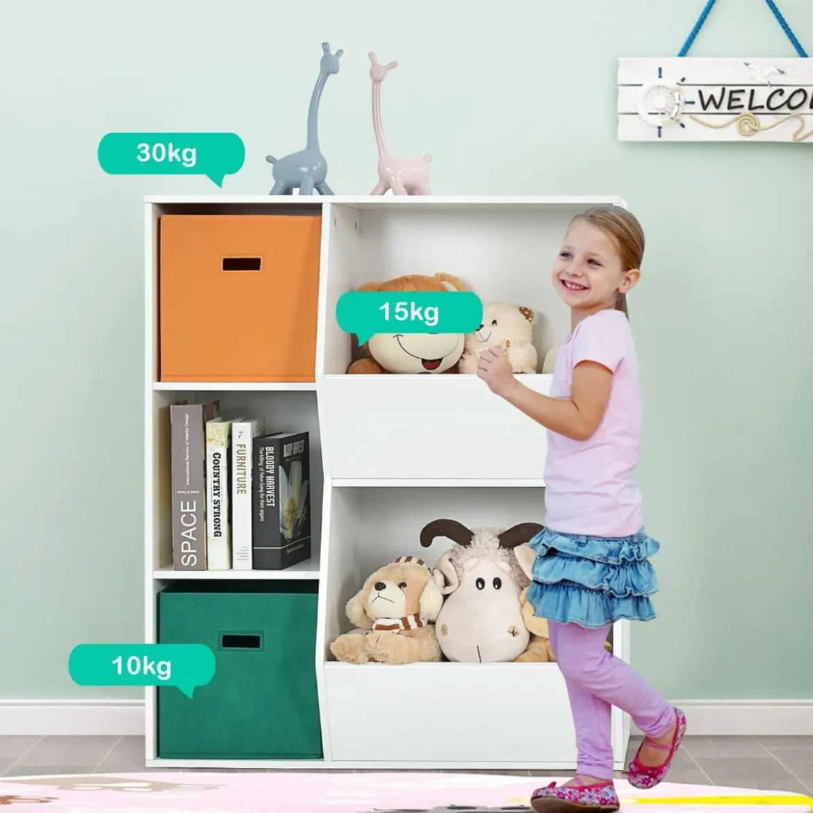 3-stöckiges Kinderregal mit 2 Zusätzlichen Körben Modernes Eckregal 76 x 28 x 94 cm Weiß