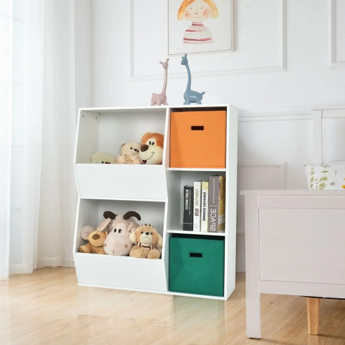 3-stöckiges Kinderregal mit 2 Zusätzlichen Körben Modernes Eckregal 76 x 28 x 94 cm Weiß