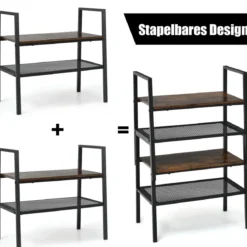 2-Stöckiges Lagerregal Gitterregal aus Holz & Metall Kompaktes Lagerregal Braun und Schwarz