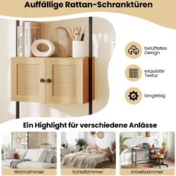5-stöckiges Leiterregal Bücherregal Wandregal mit Schrank Kippschutz-Kits und Metallrahmen 60 x 31 x 184 cm Natur