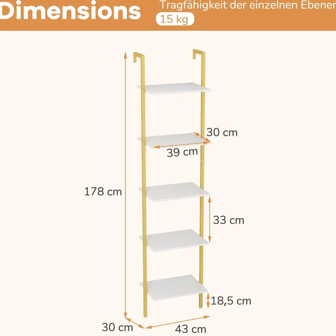 5-stöckiges Leiterregal Bücherregal zur Wandmontage mit Kippschutz und Metallrahmen
