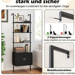 5-stöckiges Leiterregal Bücherregal Wandregal mit Schrank Kippschutz-Kits und Metallrahmen Schwarz 60 x 35 x 184 cm