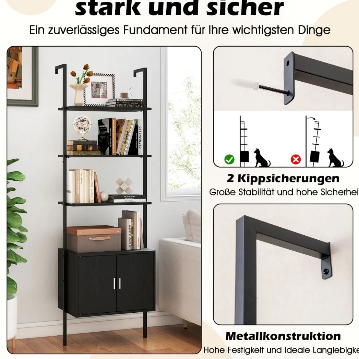 5-stöckiges Leiterregal Bücherregal Wandregal mit Schrank Kippschutz-Kits und Metallrahmen Schwarz 60 x 35 x 184 cm