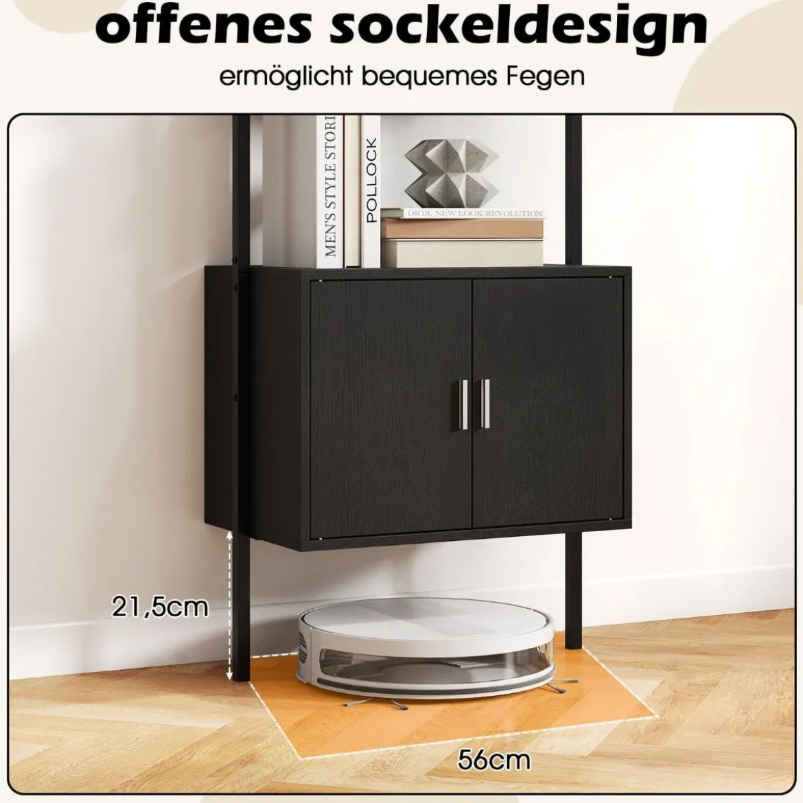 5-stöckiges Leiterregal Bücherregal Wandregal mit Schrank Kippschutz-Kits und Metallrahmen Schwarz 60 x 35 x 184 cm