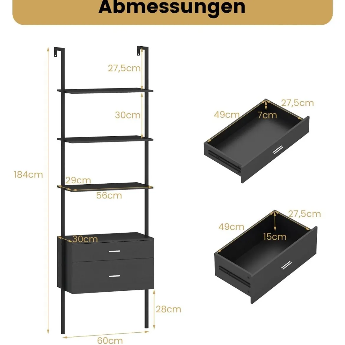 6-stöckiges Leiterregal mit 2 Schubladen Wandmontiertes Bücherregal mit Metallrahmen