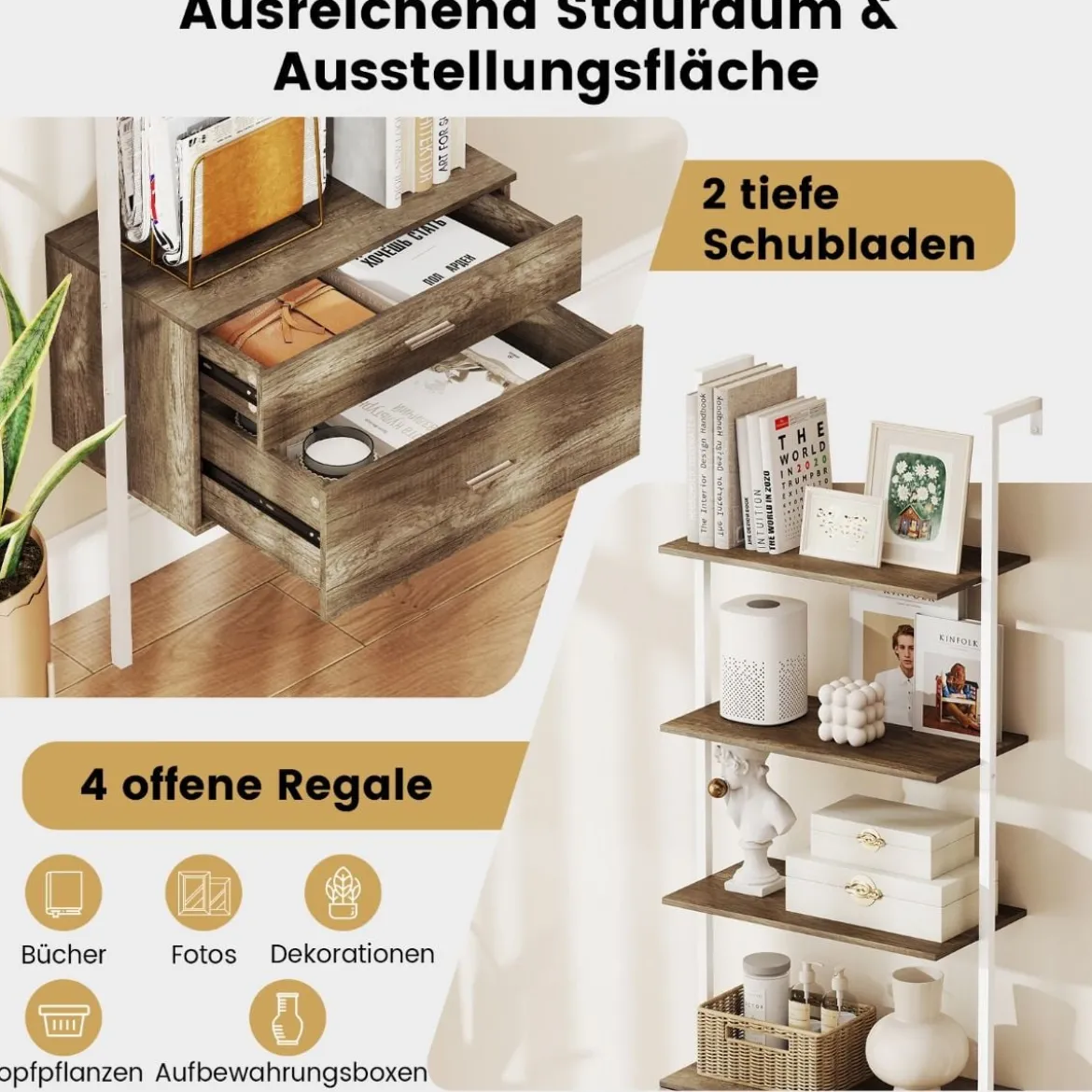 6-stöckiges Leiterregal mit 2 Schubladen Wandmontiertes Bücherregal mit Metallrahmen