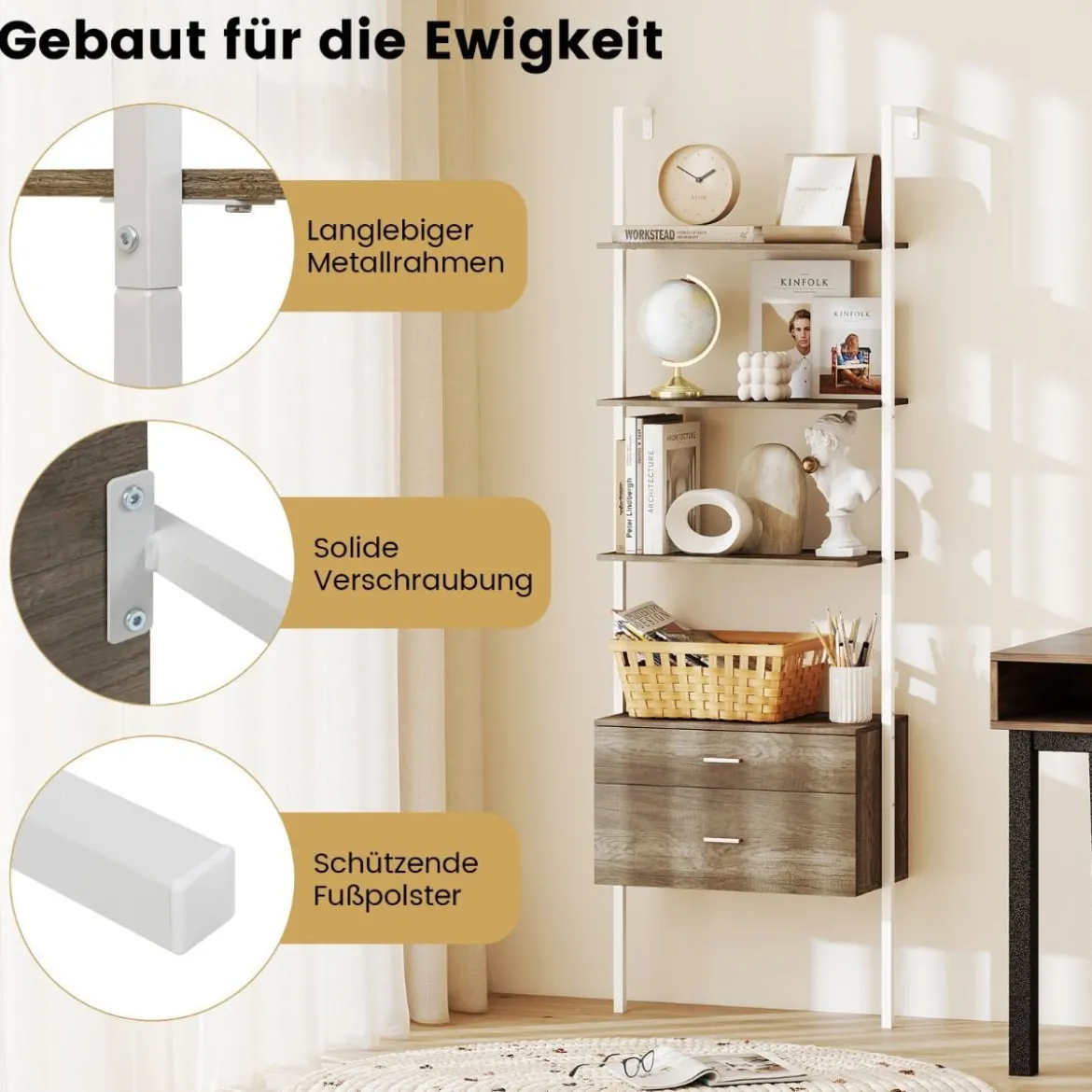 6-stöckiges Leiterregal mit 2 Schubladen Wandmontiertes Bücherregal mit Metallrahmen