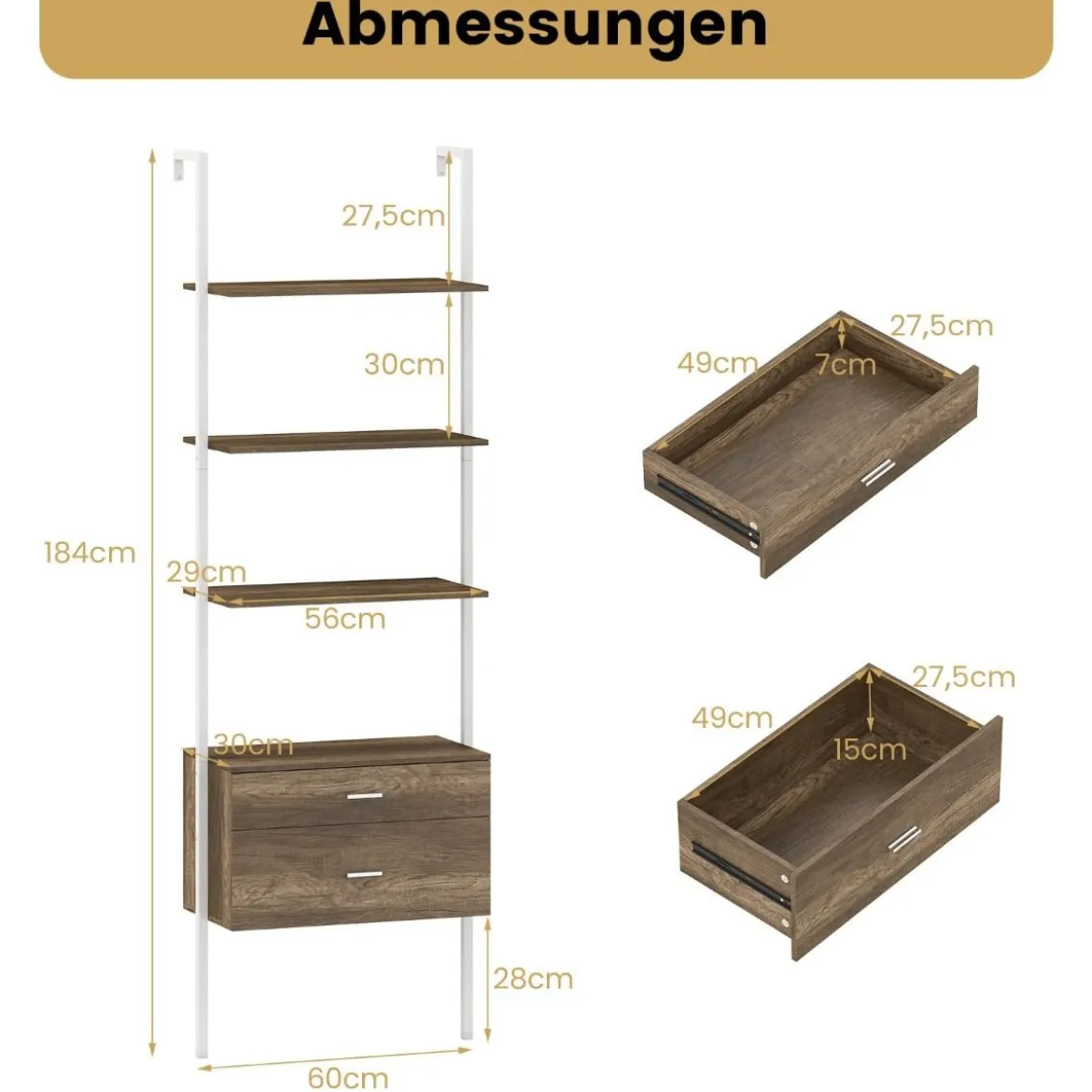6-stöckiges Leiterregal mit 2 Schubladen Wandmontiertes Bücherregal mit Metallrahmen