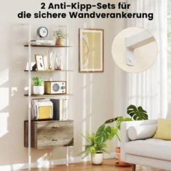 6-stöckiges Leiterregal mit 2 Schubladen Wandmontiertes Bücherregal mit Metallrahmen