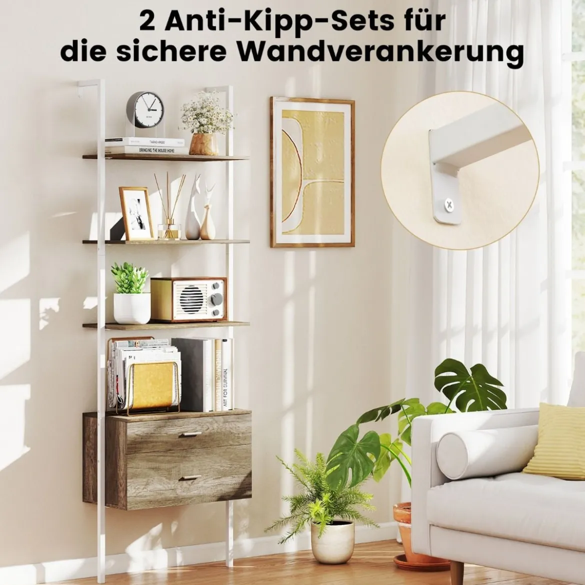 6-stöckiges Leiterregal mit 2 Schubladen Wandmontiertes Bücherregal mit Metallrahmen
