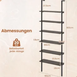 6-stöckiges Leiterregal wandmontiertes Bücherregal mit Metallrahmen Rustikales Braun/Graueiche