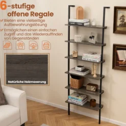 6-stöckiges Leiterregal wandmontiertes Bücherregal mit Metallrahmen Rustikales Braun/Graueiche