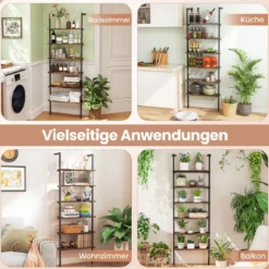 6-stöckiges Leiterregal wandmontiertes Bücherregal mit Metallrahmen Rustikales Braun/Graueiche