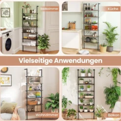 6-stöckiges Leiterregal wandmontiertes Bücherregal mit Metallrahmen Rustikales Braun/Graueiche