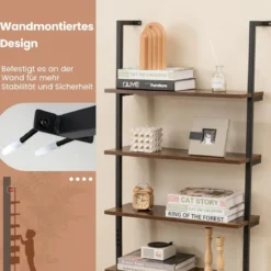 6-stöckiges Leiterregal wandmontiertes Bücherregal mit Metallrahmen Rustikales Braun/Graueiche