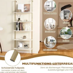 5-Stöckiges Leiterregal Wandregal mit Stahlrahmen 60 x 30 x 180 cm Weiß & Gold