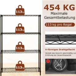 4-stöckiges Metall Standregal mit 4 Haken & Verstellbaren Ablagen Schwerlastregal 91 x 35 x 138,5 cm