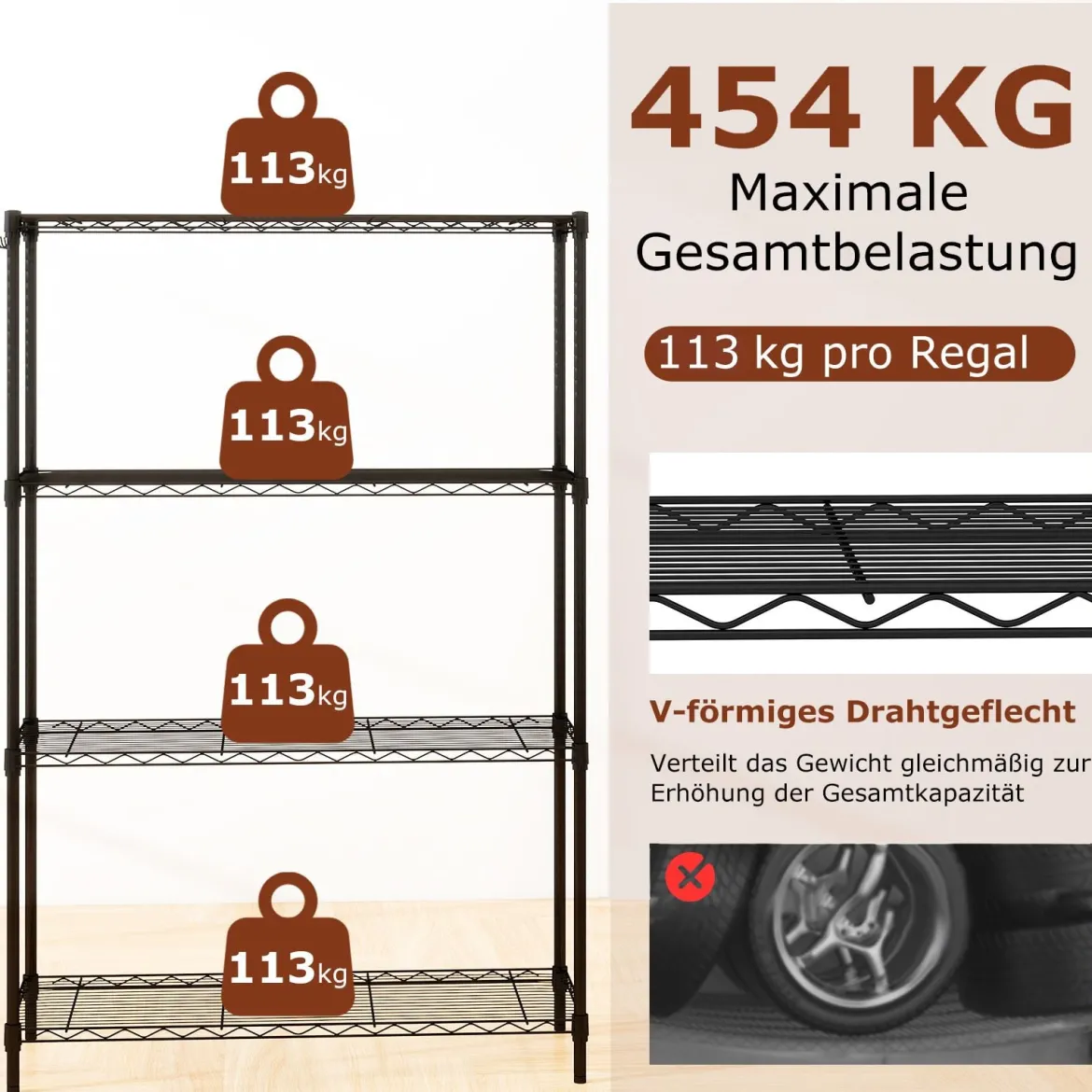4-stöckiges Metall Standregal mit 4 Haken & Verstellbaren Ablagen Schwerlastregal 91 x 35 x 138,5 cm