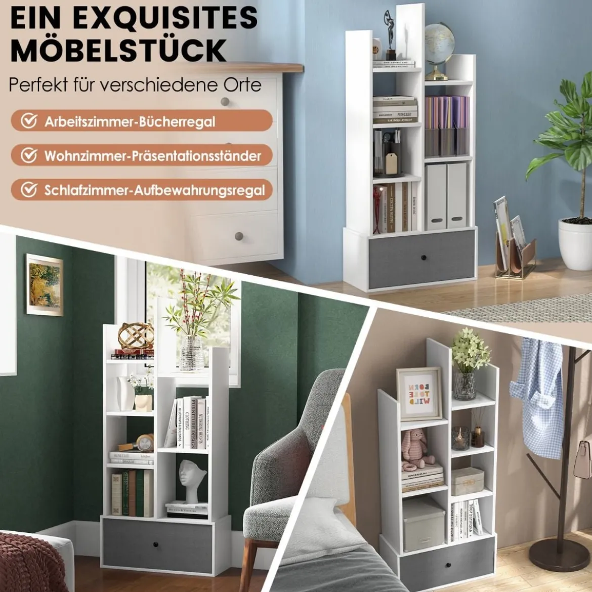 7-Stöckiges Offenes Bücherregal mit Schublade 53 x 24 x 118 cm Weiß