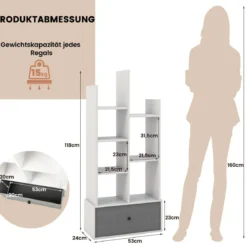 7-Stöckiges Offenes Bücherregal mit Schublade 53 x 24 x 118 cm Weiß