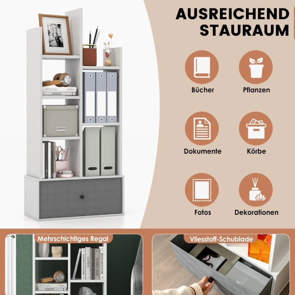 7-Stöckiges Offenes Bücherregal mit Schublade 53 x 24 x 118 cm Weiß
