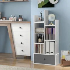 7-Stöckiges Offenes Bücherregal mit Schublade 53 x 24 x 118 cm Weiß