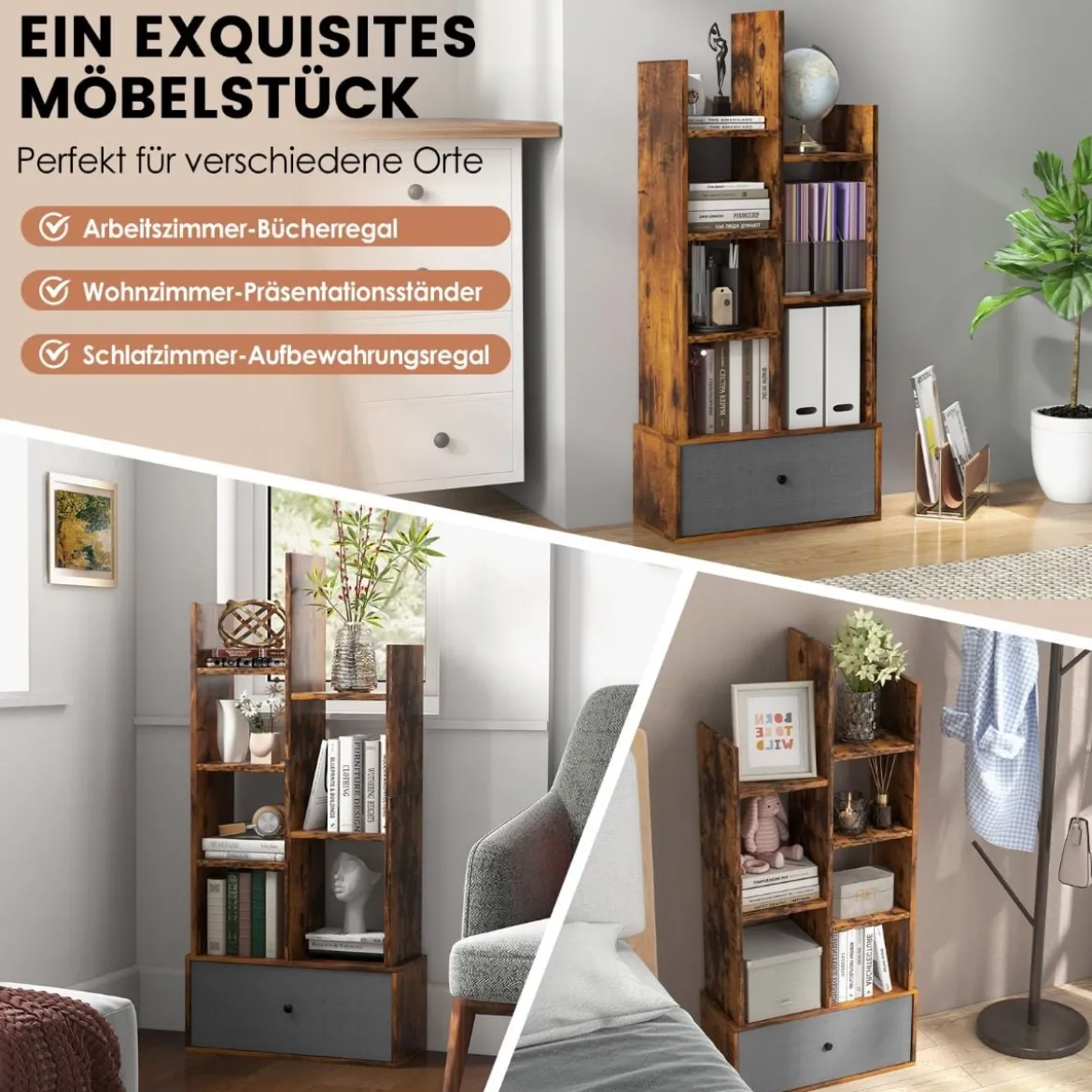 7-Stöckiges Offenes Bücherregal mit Schublade 53 x 24 x 118 cm Braun