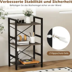 3-stöckiges Regal Standregal mit Metallrahmen & Anti-Kipp-Sets industrielles Aufbewahrungsregal Rustikales Braun/Grau
