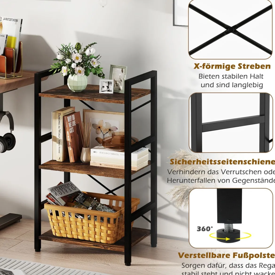 3-stöckiges Regal Standregal mit Metallrahmen & Anti-Kipp-Sets industrielles Aufbewahrungsregal Rustikales Braun/Grau