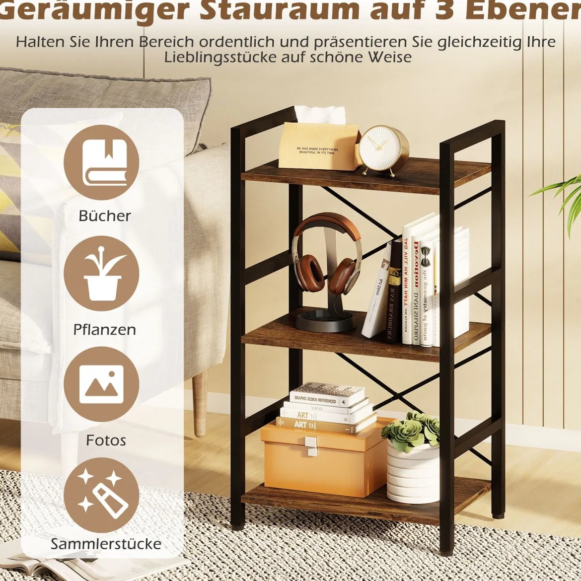 3-stöckiges Regal Standregal mit Metallrahmen & Anti-Kipp-Sets industrielles Aufbewahrungsregal Rustikales Braun/Grau