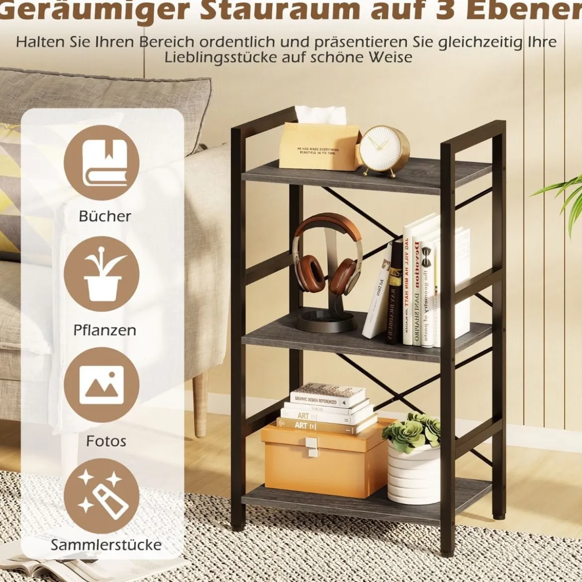 3-stöckiges Regal Standregal mit Metallrahmen & Anti-Kipp-Sets industrielles Aufbewahrungsregal Rustikales Braun/Grau
