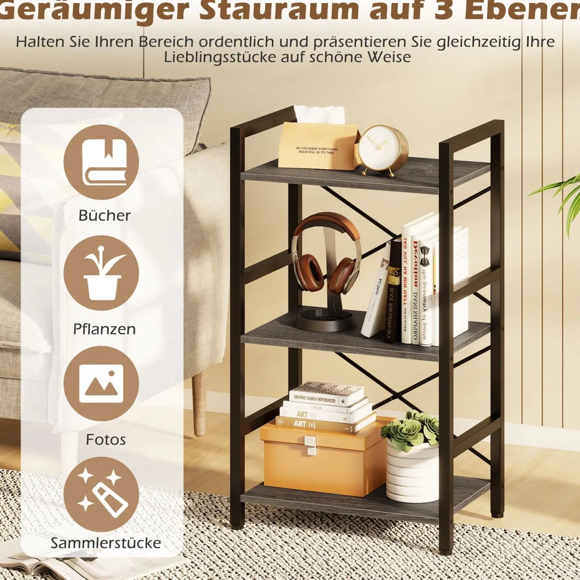 3-stöckiges Regal Standregal mit Metallrahmen & Anti-Kipp-Sets industrielles Aufbewahrungsregal Rustikales Braun/Grau