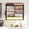 6-stöckiges schwebende Wandregal Hängeregal mit 8 S-Haken & Seitentasche mit RGB-LED 107 x 24 x 96 cm Rustikales Braun