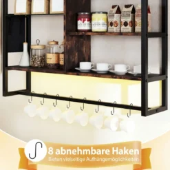 6-stöckiges schwebende Wandregal Hängeregal mit 8 S-Haken & Seitentasche mit RGB-LED 107 x 24 x 96 cm Rustikales Braun
