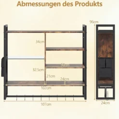 6-stöckiges schwebende Wandregal Hängeregal mit 8 S-Haken & Seitentasche mit RGB-LED 107 x 24 x 96 cm Rustikales Braun