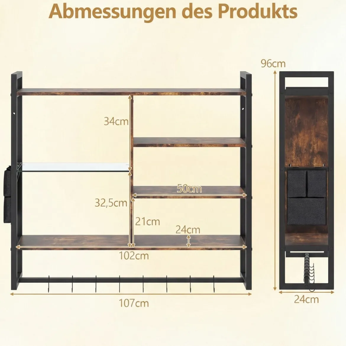 6-stöckiges schwebende Wandregal Hängeregal mit 8 S-Haken & Seitentasche mit RGB-LED 107 x 24 x 96 cm Rustikales Braun