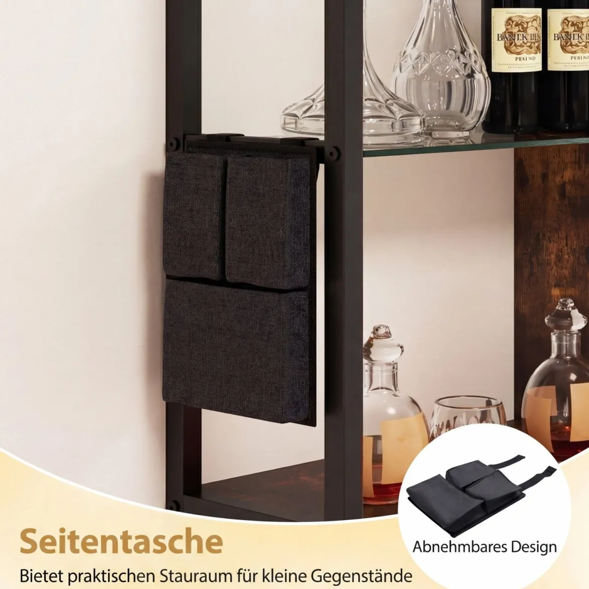 6-stöckiges schwebende Wandregal Hängeregal mit 8 S-Haken & Seitentasche mit RGB-LED 107 x 24 x 96 cm Rustikales Braun