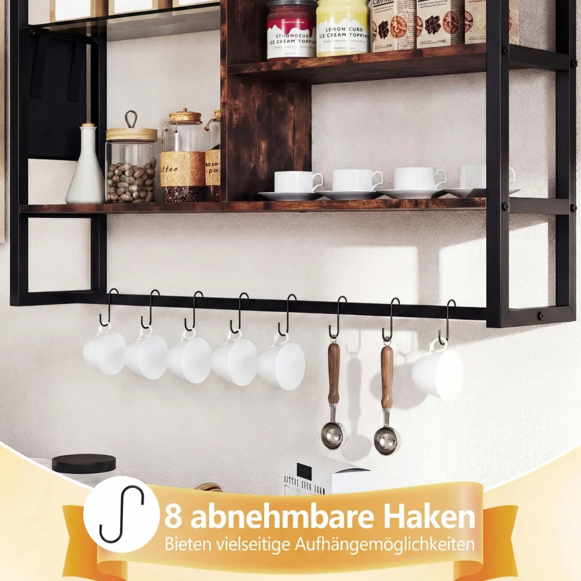 6-stöckiges schwebende Wandregal Hängeregal mit 8 S-Haken & Seitentasche 107 x 24 x 96 cm (Ohne Licht)