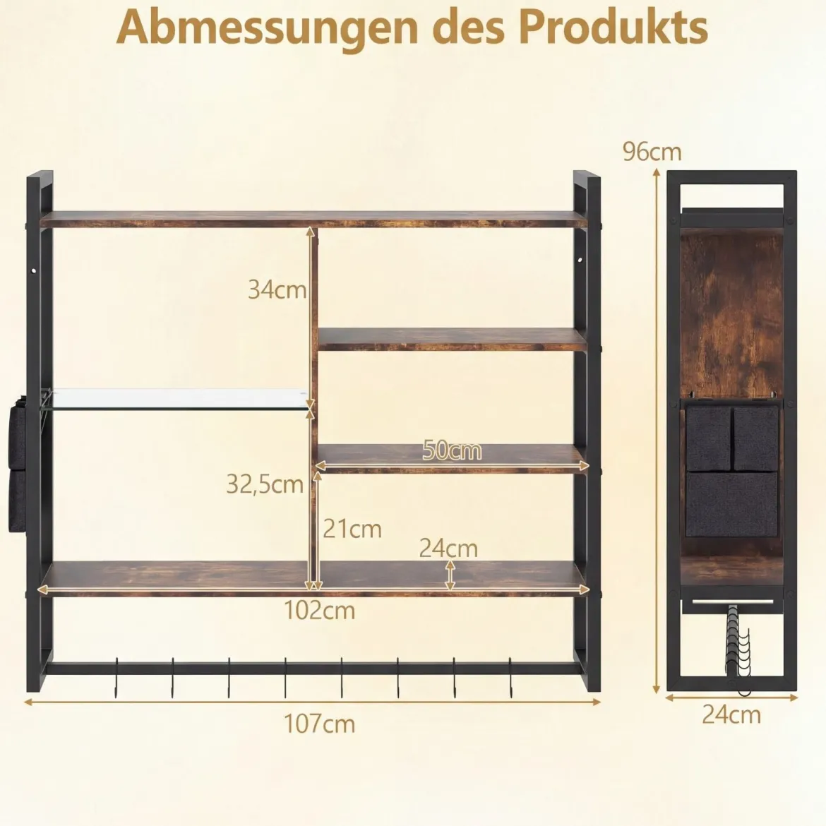 6-stöckiges schwebende Wandregal Hängeregal mit 8 S-Haken & Seitentasche 107 x 24 x 96 cm (Ohne Licht)