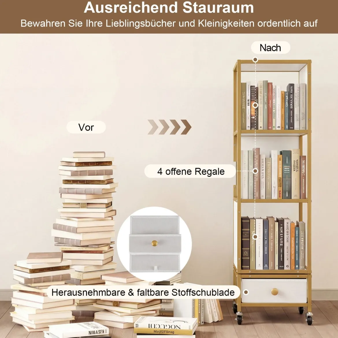 4 Stöckiges Standregal auf Rollen Bücherregal mit Holzplatte & Stoff-Schublade Bücherwagen Weiß