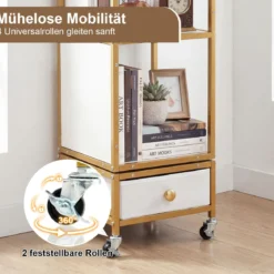 4 Stöckiges Standregal auf Rollen Bücherregal mit Holzplatte & Stoff-Schublade Bücherwagen Weiß